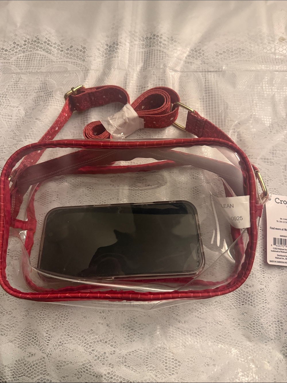 Clear Crossbody Phone Case with Red Trim and Adjustable Strap